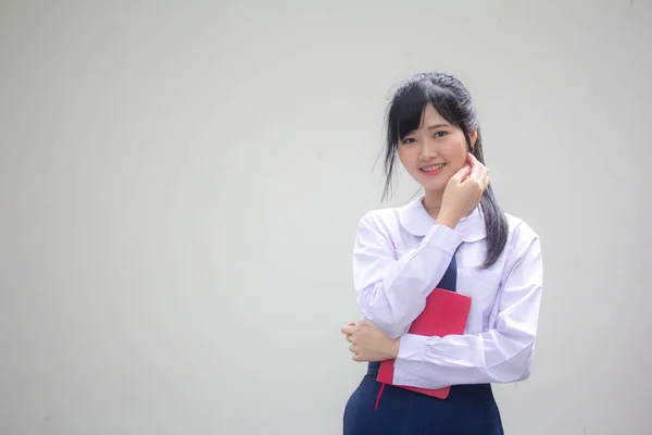 Asia Thajská Střední Škola Student Uniforma Krásná Dívka Číst Knihu — Stock fotografie