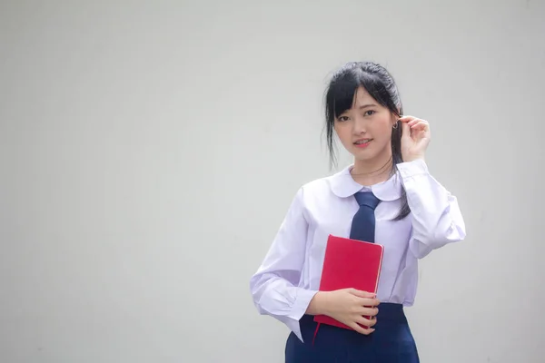 Asia Thai High School Student Uniform Beautiful Girl Read Book — Stock Photo, Image