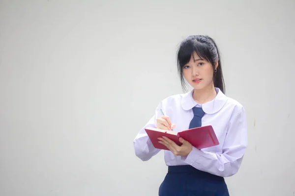 Ázsiai Thai Középiskola Diák Egyenruha Gyönyörű Lány Írj Egy Könyvet — Stock Fotó