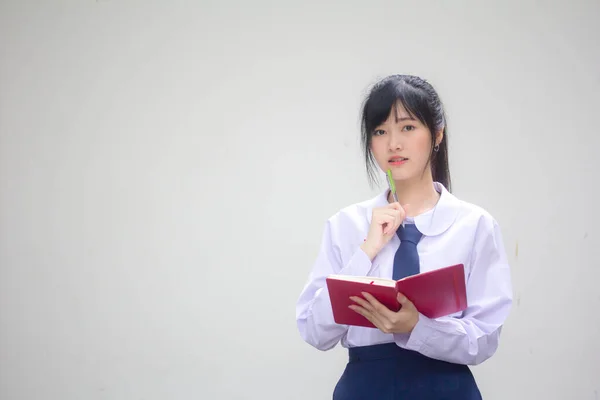 Asia Tailandesa Escuela Secundaria Estudiante Uniforme Hermosa Chica Escribir Libro —  Fotos de Stock