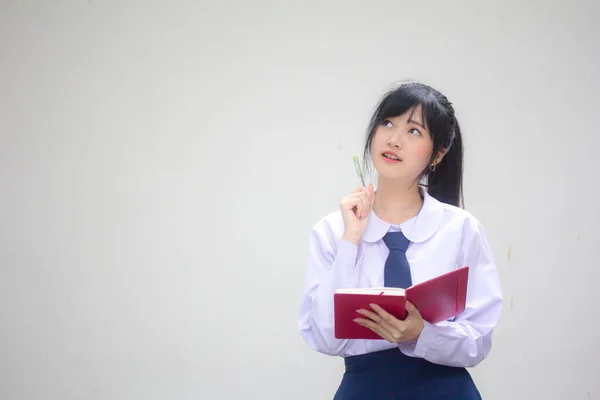 Asia Tailandesa Escuela Secundaria Estudiante Uniforme Hermosa Chica Escribir Libro —  Fotos de Stock