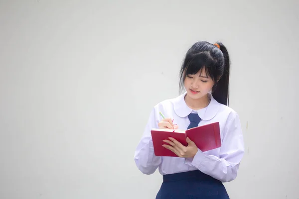 Asia Thai High School Student Uniform Beautiful Girl Write Book — Stock Photo, Image