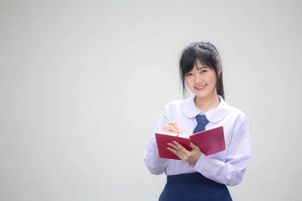 Ásia Tailandês Estudante Ensino Médio Uniforme Bela Menina Escreva Livro — Fotografia de Stock