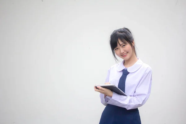 Retrato Tailandés Estudiante Secundaria Uniforme Hermosa Chica Usando Tableta — Foto de Stock