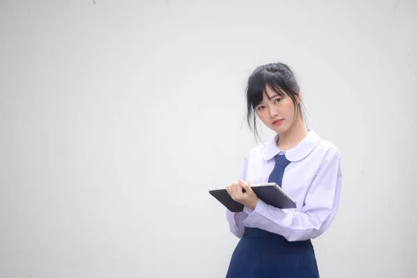 Retrato Tailandês Estudante Ensino Médio Uniforme Menina Bonita Usando Seu — Fotografia de Stock