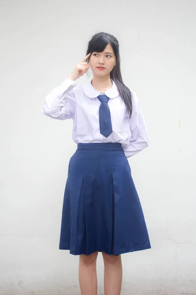 Portrait Thai High School Student Uniform Beautiful Girl Think — Stock Photo, Image