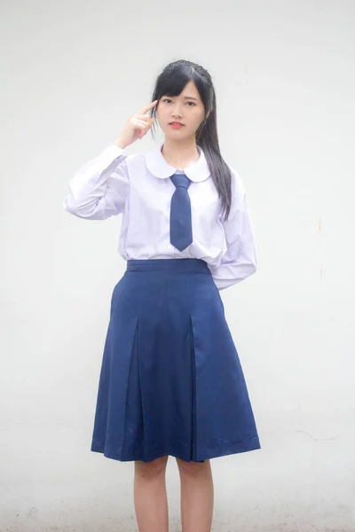 Portret Van Thaise Middelbare School Student Uniform Mooi Meisje Denk — Stockfoto