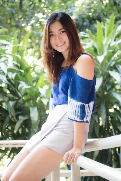 Beautiful Young Adult Thai Chinese Blue Tank Top Relax Smile — Stock Photo, Image