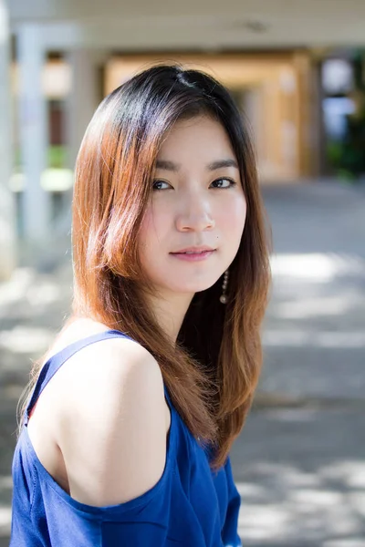 Beautiful Young Adult Thai Chinese Blue Tank Top Relax Smile — Stockfoto