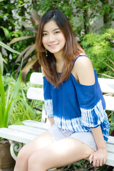 Beautiful Young Adult Thai Chinese Blue Tank Top Relax Smile — Stock Photo, Image