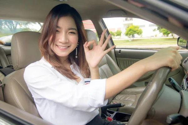 Thai Adult Working Women White Shirt Drive Car — Stock Fotó