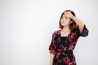 Portrait of thai adult beautiful girl short hair Think