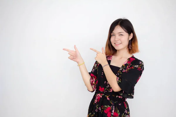 Portrait Thai Adult Beautiful Girl Short Hair Pointing — Stock Fotó