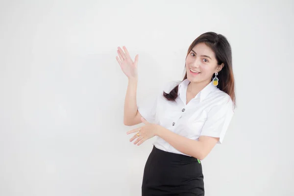 Ritratto Tailandese Adulto Studente Università Uniforme Bella Ragazza Indicando — Foto Stock