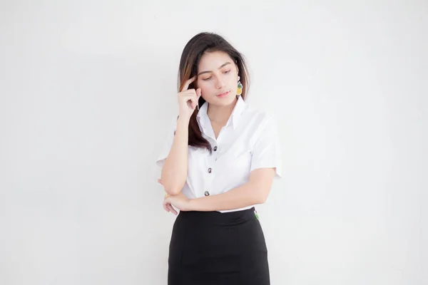 Retrato Tailandês Adulto Estudante Universidade Uniforme Bela Menina Pense — Fotografia de Stock