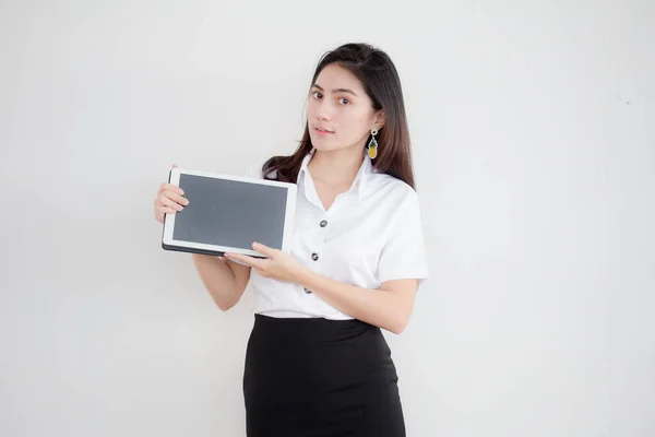 Portrait Thai Adult Beautiful Girl White Shirt Show Her Tablet — Stockfoto