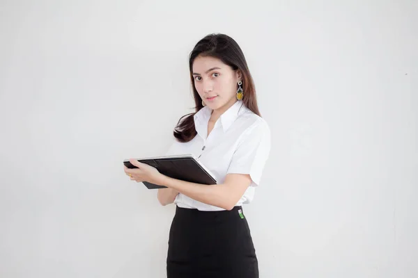 Portrait Thai Adult Student University Uniform Beautiful Girl Using Her — Stock Photo, Image