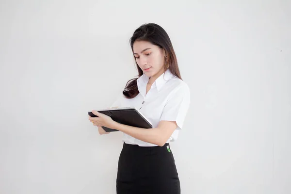 Porträtt Thai Vuxen Student Universitet Uniform Vacker Flicka Med Hjälp — Stockfoto