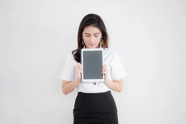 Portrait Thai Adult Beautiful Girl White Shirt Show Her Tablet — Stok fotoğraf