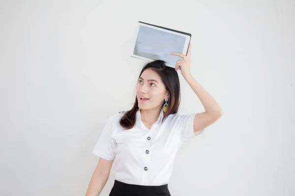 Portrait Thai Adult Beautiful Girl White Shirt Show Her Tablet — ストック写真