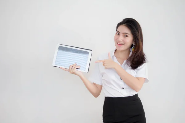 Portrait Thai Adult Beautiful Girl White Shirt Show Her Tablet — Stockfoto