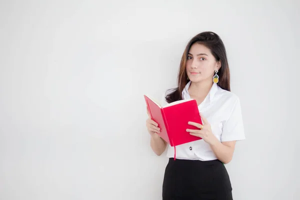 Ritratto Thai Adulto Studente Università Uniforme Bella Ragazza Letto Rosso — Foto Stock