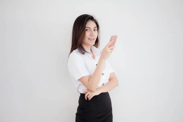 Portrét Thajské Dospělé Studentské Univerzity Uniforma Krásná Dívka Pomocí Svého — Stock fotografie