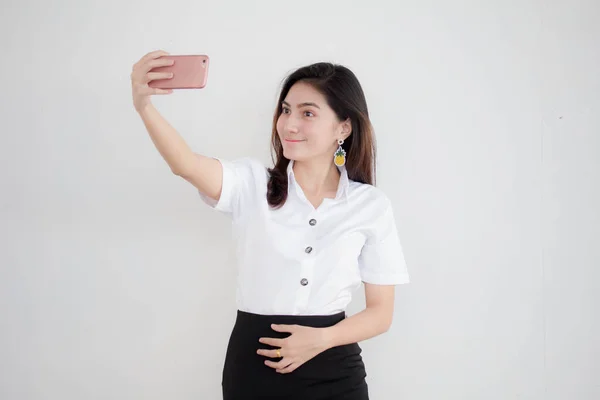 Porträt Der Thailändischen Erwachsenen Studentin Uniform Schöne Mädchen Mit Ihrem — Stockfoto