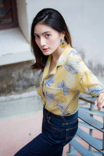 Portrait Thai Yellow Shirt Adult Beautiful Girl Relax Smile — Stock Photo, Image