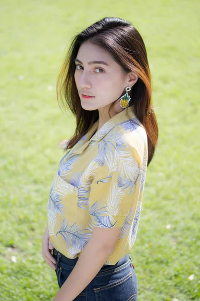 Portrait Thai Yellow Shirt Adult Beautiful Girl Relax Smile — Stock Photo, Image