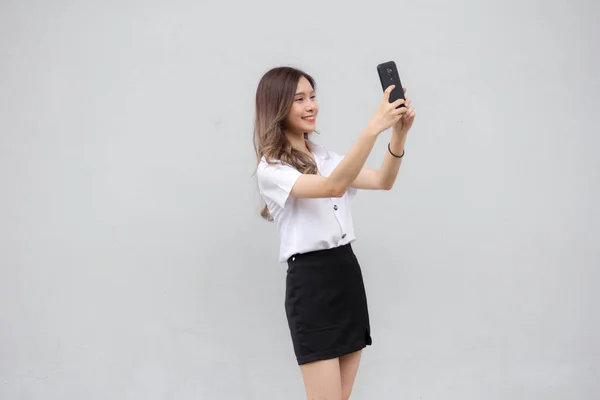 Portrait Thai Adult Student University Uniform Beautiful Girl Using Her — Stock Photo, Image