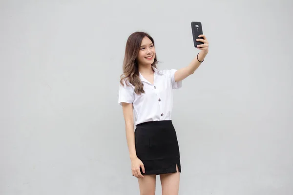 Portrait Thai Adult Student University Uniform Beautiful Girl Using Her — Stock Photo, Image