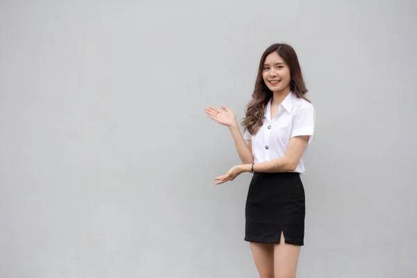 Portrait Thai Adult Student University Uniform Beautiful Girl Show Hand — Stock Photo, Image
