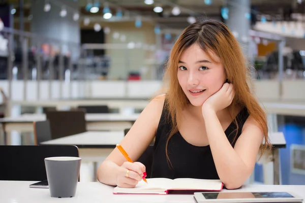 Beautiful Young Adult Thai Chinese Bronze Hair Write Book — Stock Photo, Image