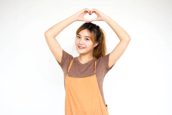 Beautiful Young Adult Thai Chinese Bronze Hair Give Heart — Stock Photo, Image