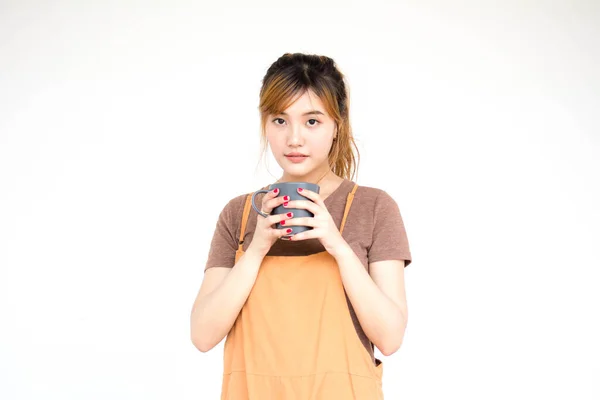Beautiful Young Adult Thai Chinese Bronze Hair Drinking Coffee — Stock Photo, Image