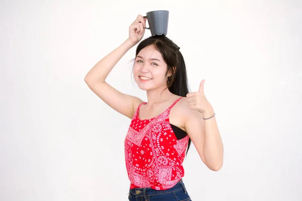 Portré Thai Felnőtt Gyönyörű Piros Ing Ivás Kávé — Stock Fotó