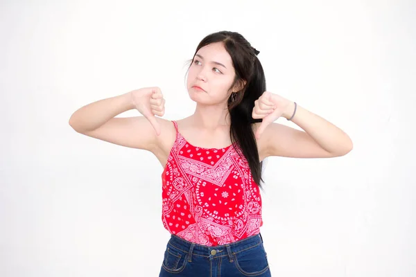 Portrait Von Thailändischen Erwachsenen Schönes Rotes Hemd Zeigt — Stockfoto