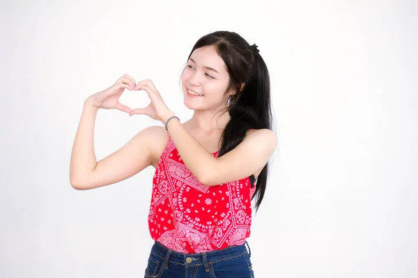 Portrait Thai Adult Beautiful Red Shirt Give Heart — Stock Photo, Image