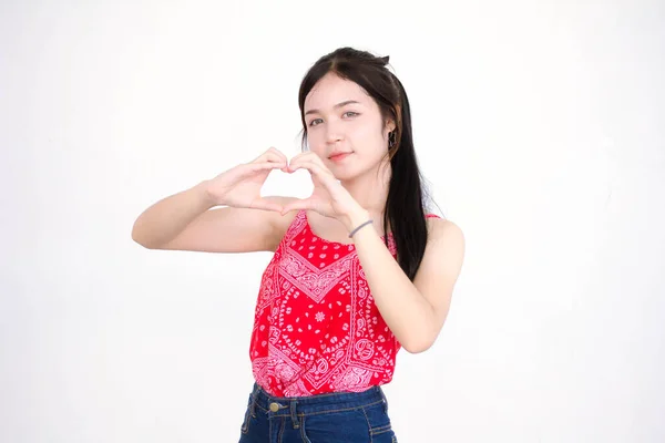 Retrato Tailandés Adulto Hermosa Camisa Roja Dar Corazón — Foto de Stock