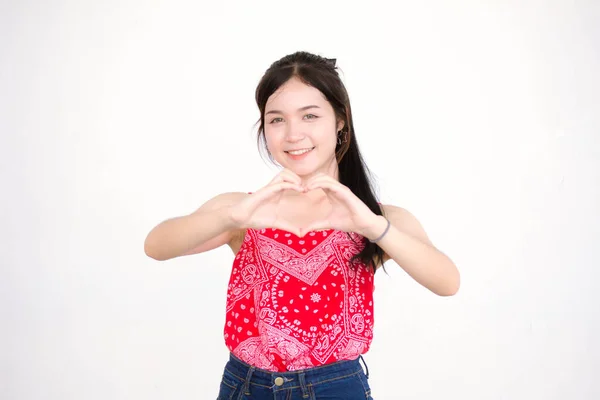 Retrato Tailandés Adulto Hermosa Camisa Roja Dar Corazón —  Fotos de Stock