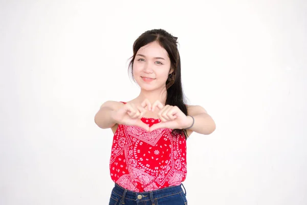 Portrait Thai Adult Beautiful Red Shirt Give Heart — Stock Photo, Image