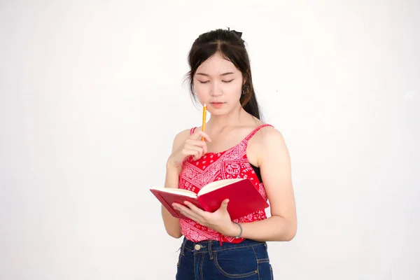 Retrato Tailandés Adulto Hermosa Camisa Roja Escribir Libro — Foto de Stock