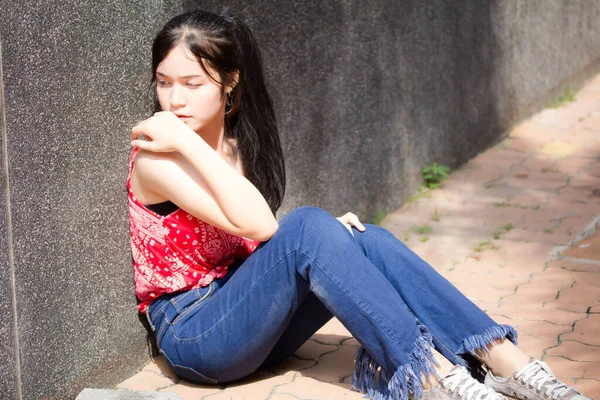 Portrait Thai Adult Beautiful Red Shirt Relax Smile — Stock Photo, Image