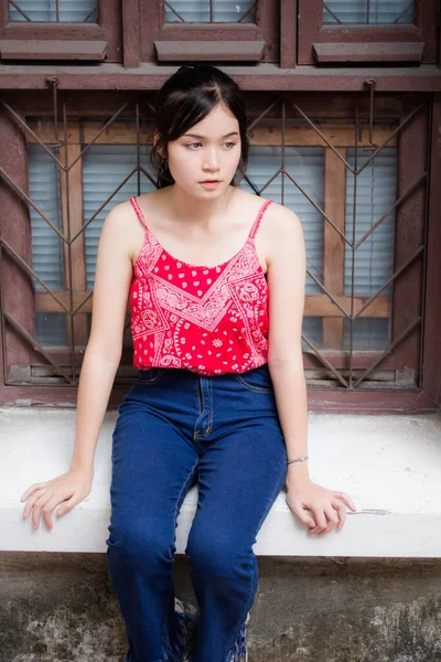 Portrait Thai Adult Beautiful Red Shirt Relax Smile — Stock Photo, Image