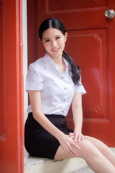 Portrait Thai Adult Student University Uniform Beautiful Girl Relax Smile — Stock Photo, Image