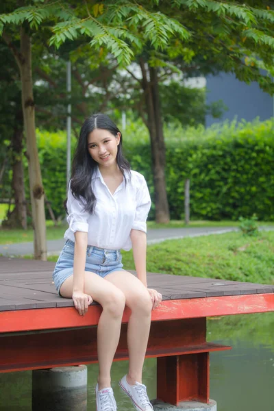 Portrait Thai China Adult Beautiful Girl White Shirt Blue Jeans — Stock Photo, Image