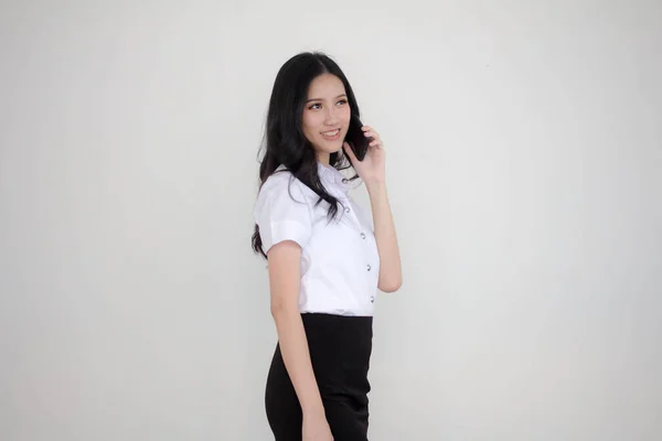 Portrét Thajské Dospělé Studentské Univerzity Uniforma Krásná Dívka Volá Chytrý — Stock fotografie