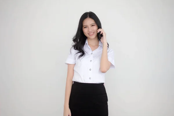 Ritratto Tailandese Adulto Studente Università Uniforme Bella Ragazza Chiamata Smart — Foto Stock