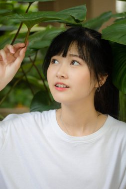 asia thai japanese teen teen White t-shirt beautiful girl happy and relax